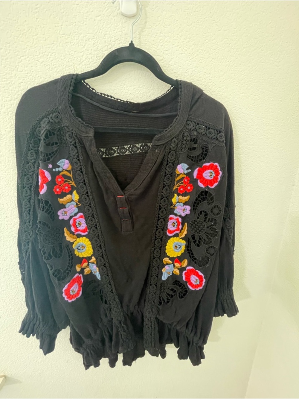 Free People Black Embroidered Floral Peasant Top
